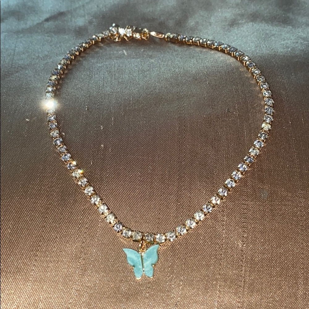 Light blue butterfly rhinestone choker